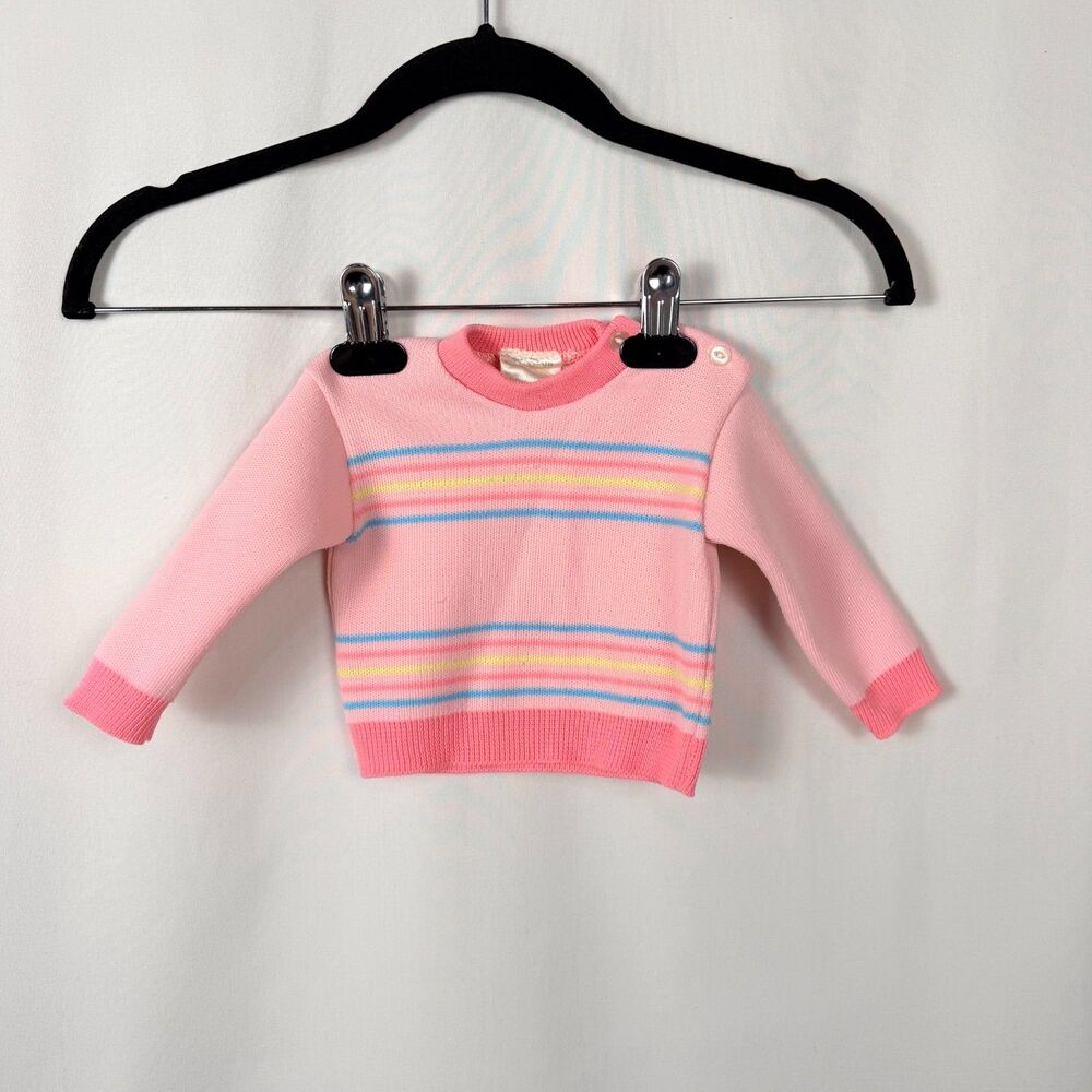 Vintage Baby Girls Pullover Sweater Striped Crew Neck Acrylic Newborn 0 Month